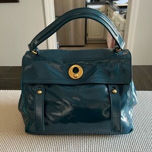FIRM ON PRICE YSL blue suede purse with clasps.